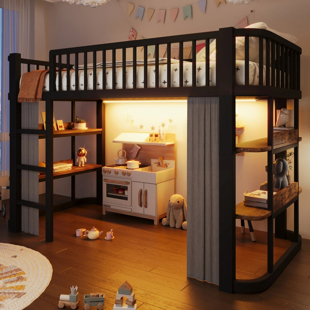 Letto a soppalco per bambini 90x200 cm con tende oscuranti; spazio inferiore modulabile; mensole e LED; metallo nero