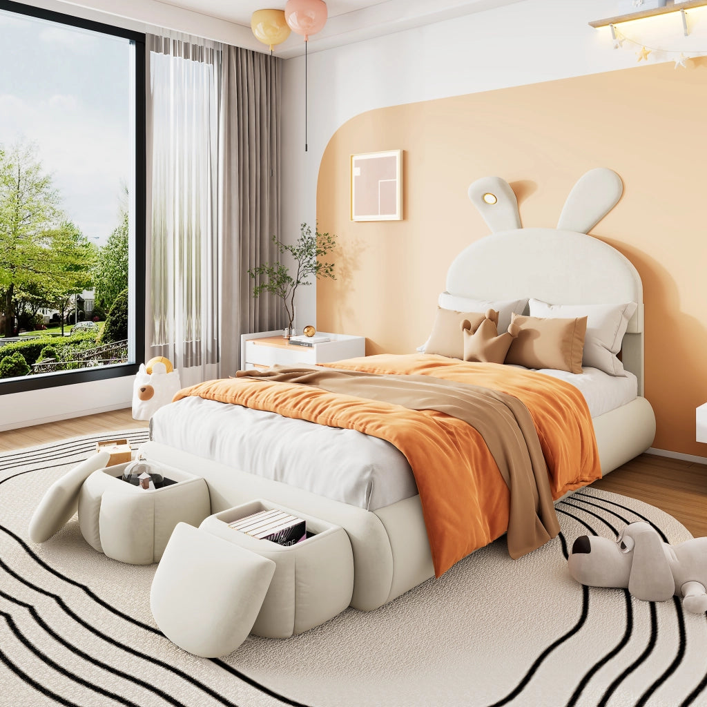 LETTO Singolo 90x200 cm in velluto beige con 2 pouf contenitore e luci LED