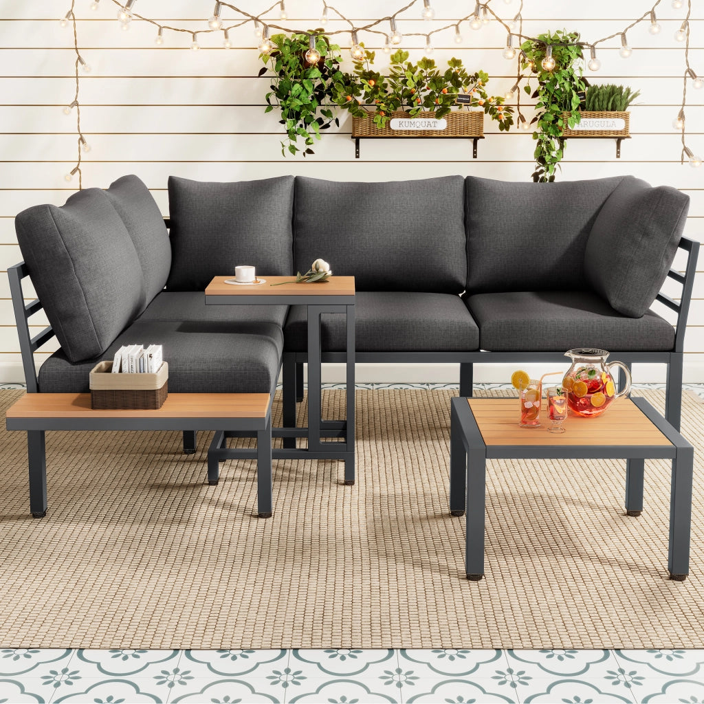 Set Salotto da Giardino con Divano, Tavolino e Cuscini ¨C MINIMAL ¨C Polyrattan Grigio/Nero