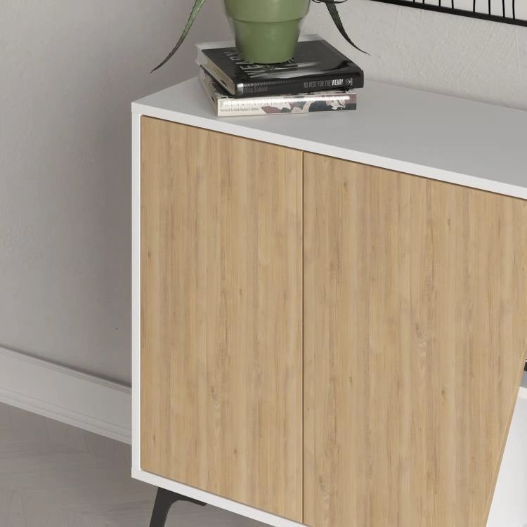 Madia Credenza Moderna 150 cm con 2 Ante 8 Vani e Ripiani Bianco e Quercia