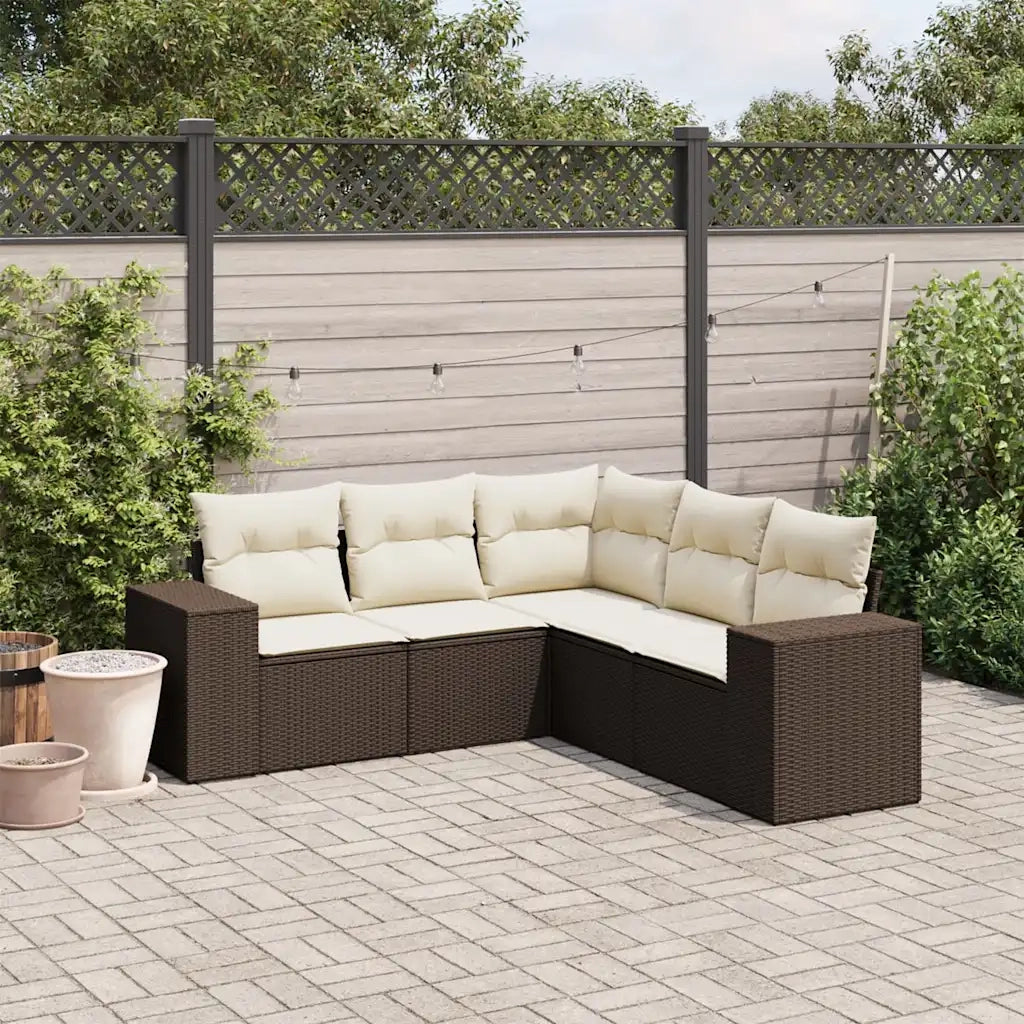 Set Divano da Giardino 5 pz | Set Salotto da Giardino con Cuscini Marrone in Polyrattan