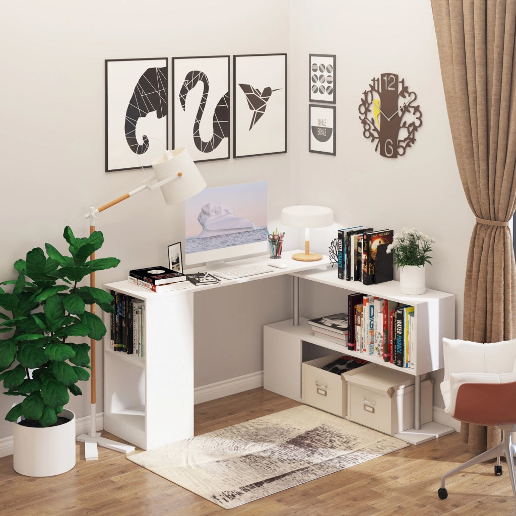 EasyComfort Scrivania Moderna, Angolare e Girevole con Libreria, Tavolo da Pranzo in Truciolato Bianco, 140x120x78 cm