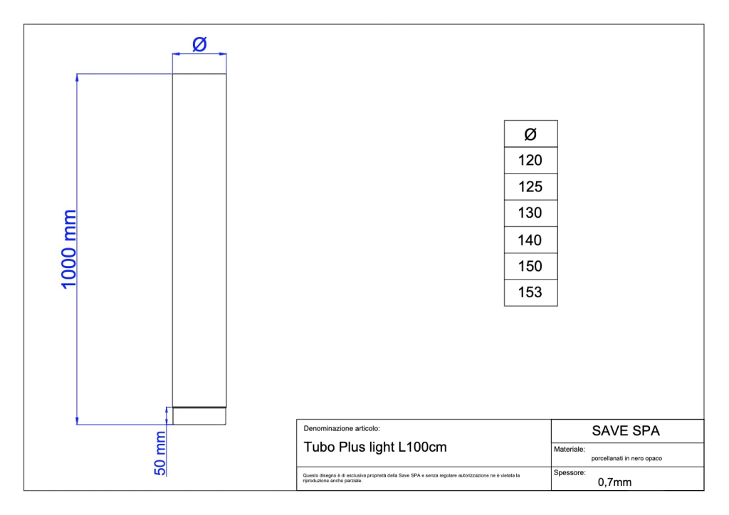 TUBO PER STUFA A LEGNA 'PLUS LIGHT' Ø 130x1000 mm - SAVE