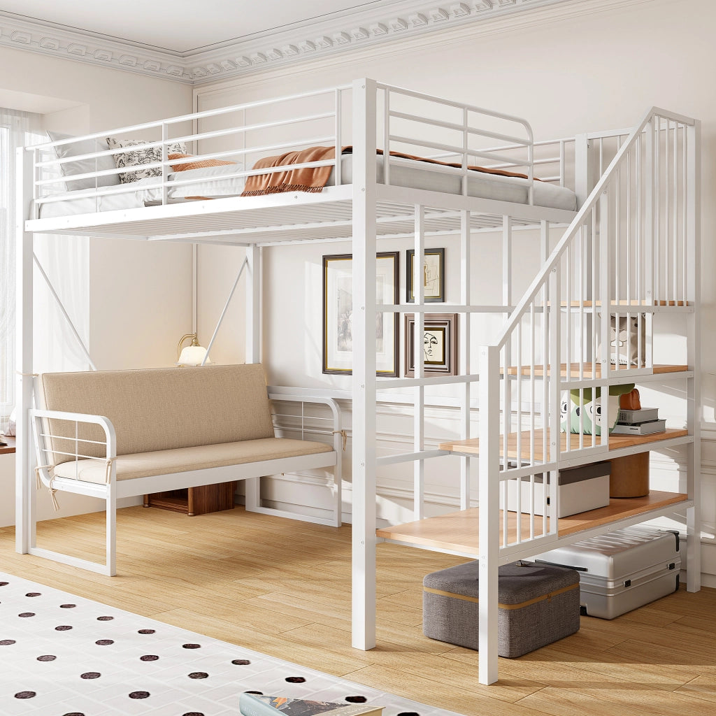 DESMIU Letto a castello 140 × 200 cm 3 posti con scala contenitore e divano sfoderabile, senza materasso, bianco