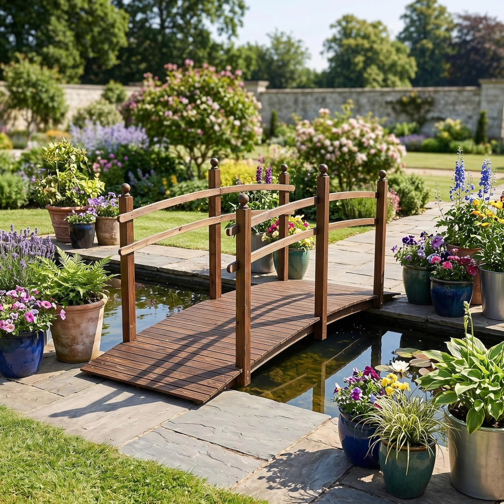 Ponte da Giardinoin Legno di Abete Carbonizzato (230 x 73 x 108 cm) | Ponticello Decorativo con Ringhiere di Sicurezza per Laghetto, Stagno e Cortile, Portata 500 kg