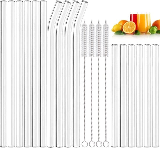 Set di Rietti in Vetro Riciclabili da 20 - Rietti Corti e Lunghi con Forma Rettilinea e Curva con Spazzole di Pulizia per Bubble Tea Smoothies Cocktails Succo