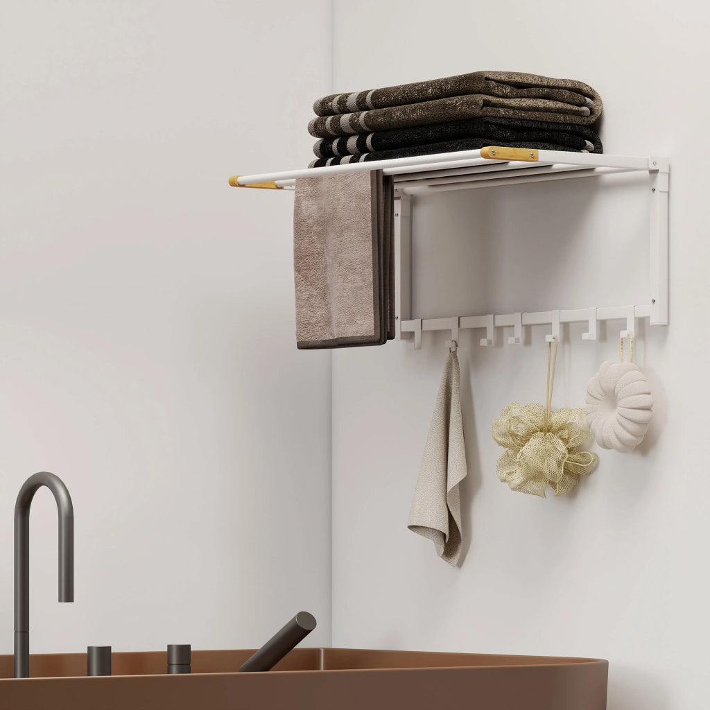 Portasciugamani a Parete Pieghevole ¨C Xylo ¨C Legno e Acciaio, 5 Barre, 6 Ganci, 60x32.5x20 cm, Bianco