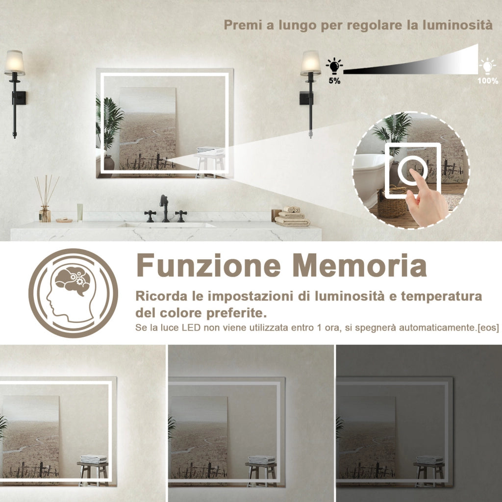Specchio bagno Rettangolare 100x80cm Retroilluminato Con Led, Antiappannamento + 3 Luci