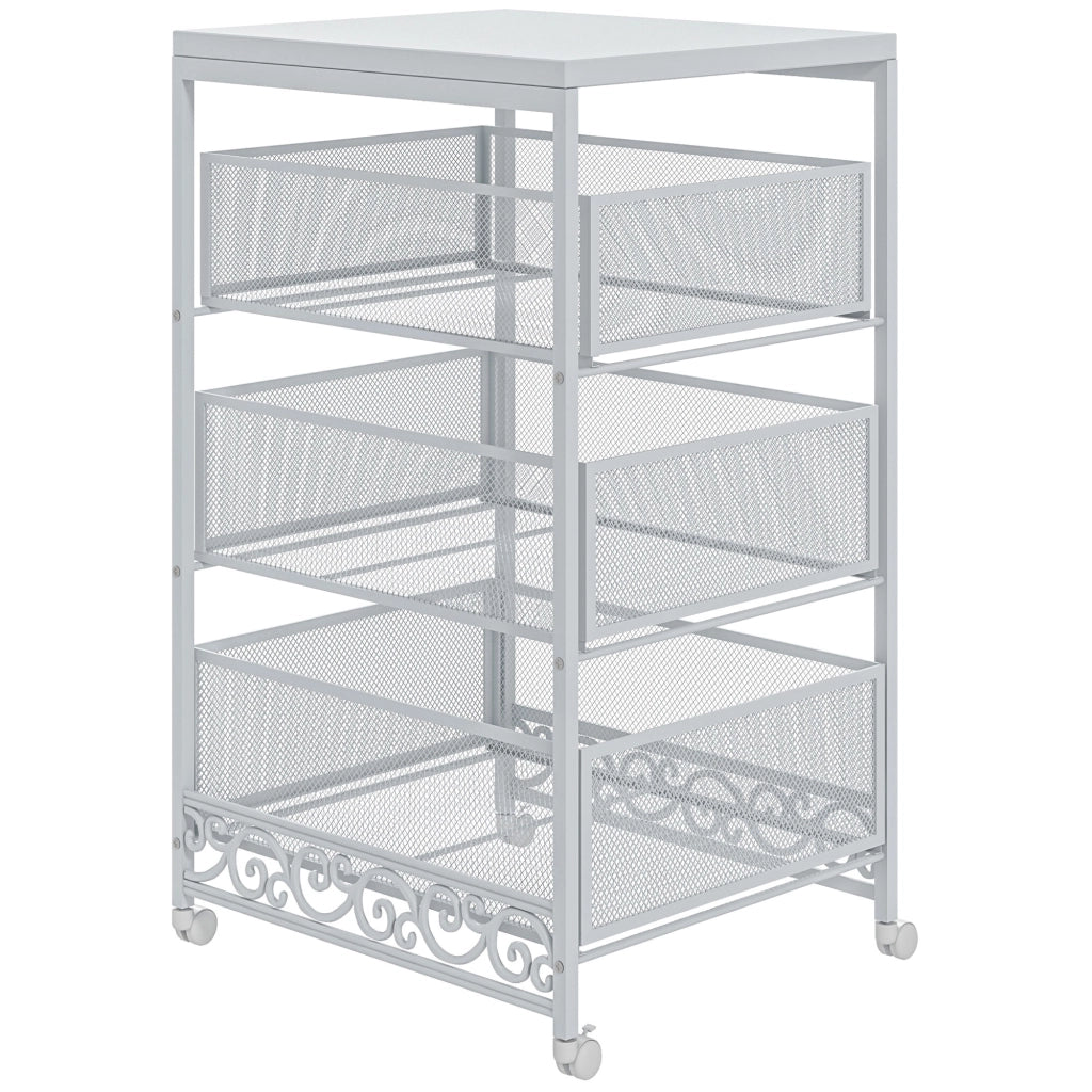 Carrello multiuso 3 ripiani con ruote e cestini ¨C Xylo ¨C Bianco 34x29,5x57,5cm