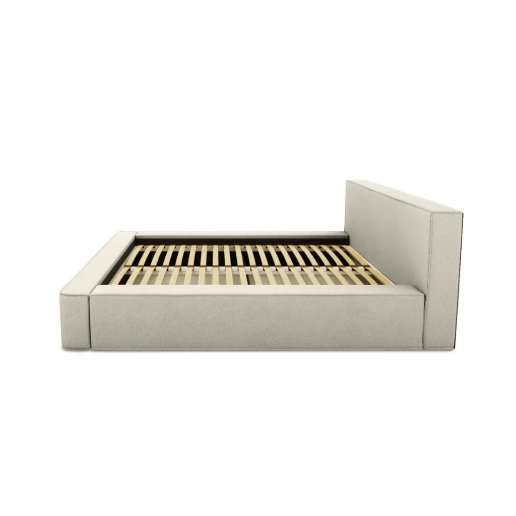 Letto contenitore VELORA – Sabbia ricciolata – 140x200 cm – Tessuto effetto lana – Rete sollevabile – Spazio di stoccaggio integrato