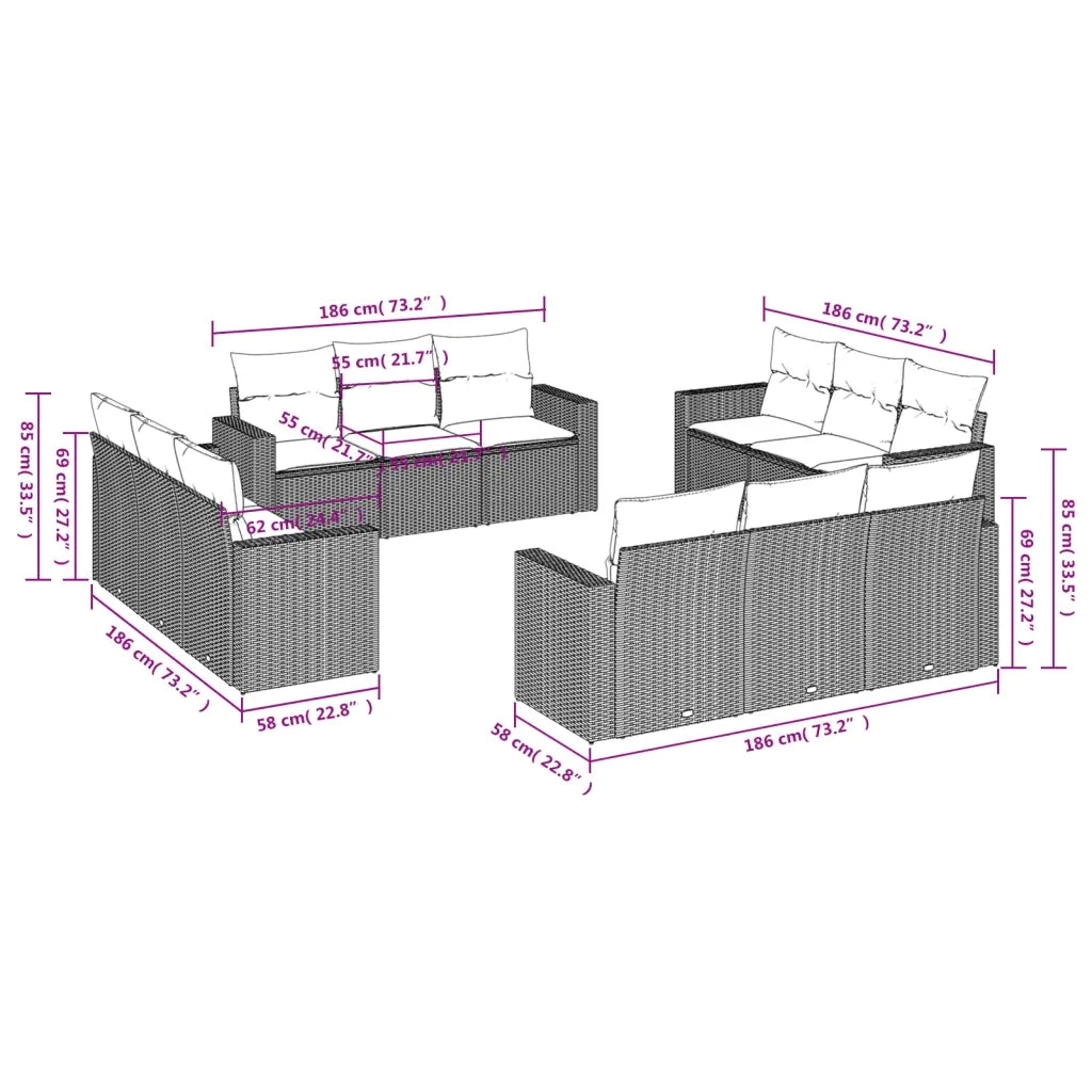 Set Divani da Giardino 12 pz con Cuscini Beige in Polyrattan 3218758