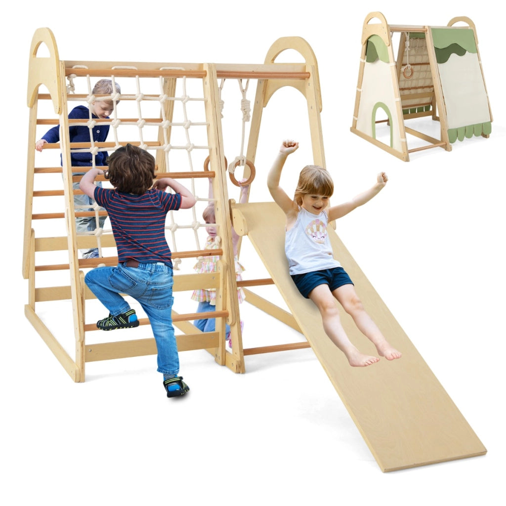 Set di giocattoli da arrampicata in legno con scivolo anelli da ginnastica, Parco giochi per bambini Naturale