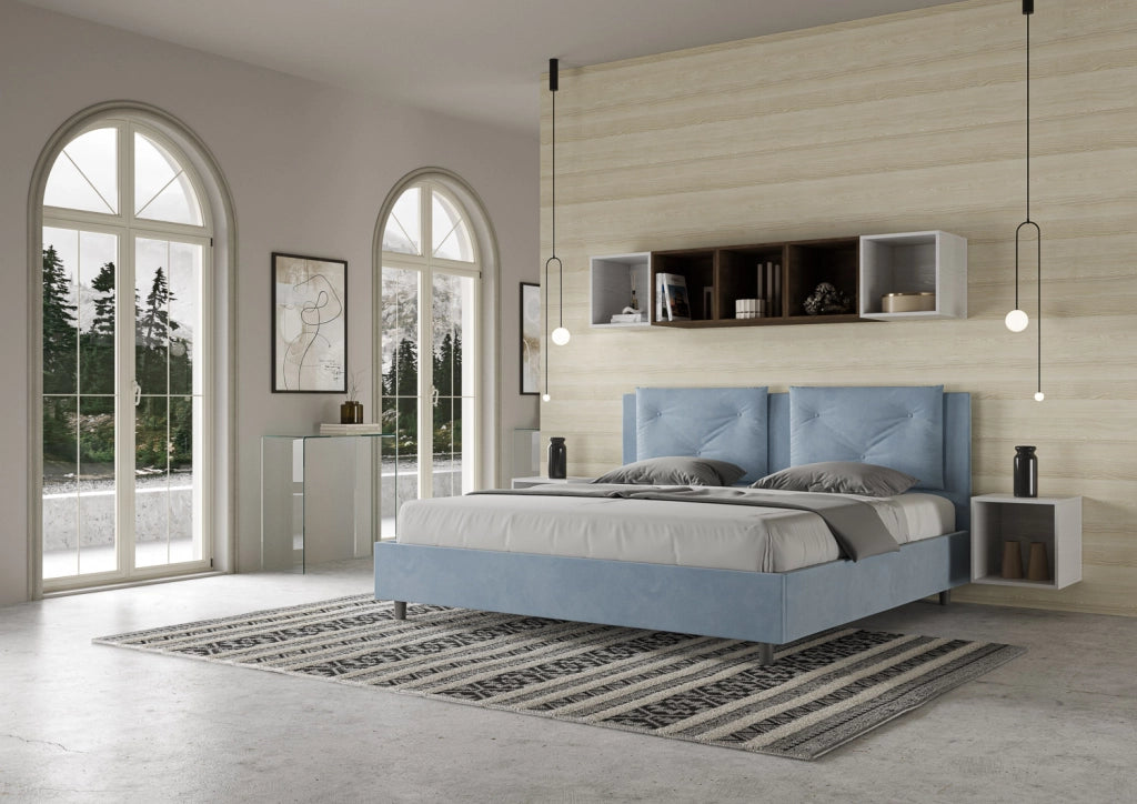 BS COM Letto senza rete imbottito 180x210 microfibra azzurro