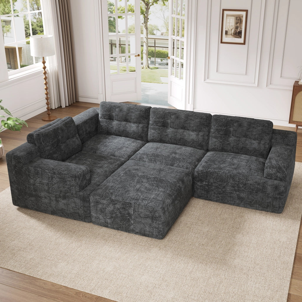 Divano panoramico a U modulare con schiuma integrale e pouf, per 5-6 posti, in chenille grigio 252 × 180 × 82 cm