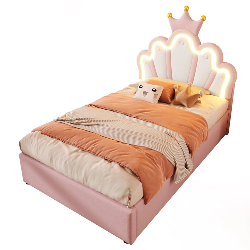 Letto Imbottito con LED e Alzata Idraulica ¨C MINIMAL ¨C Rosa, PU, 90x200