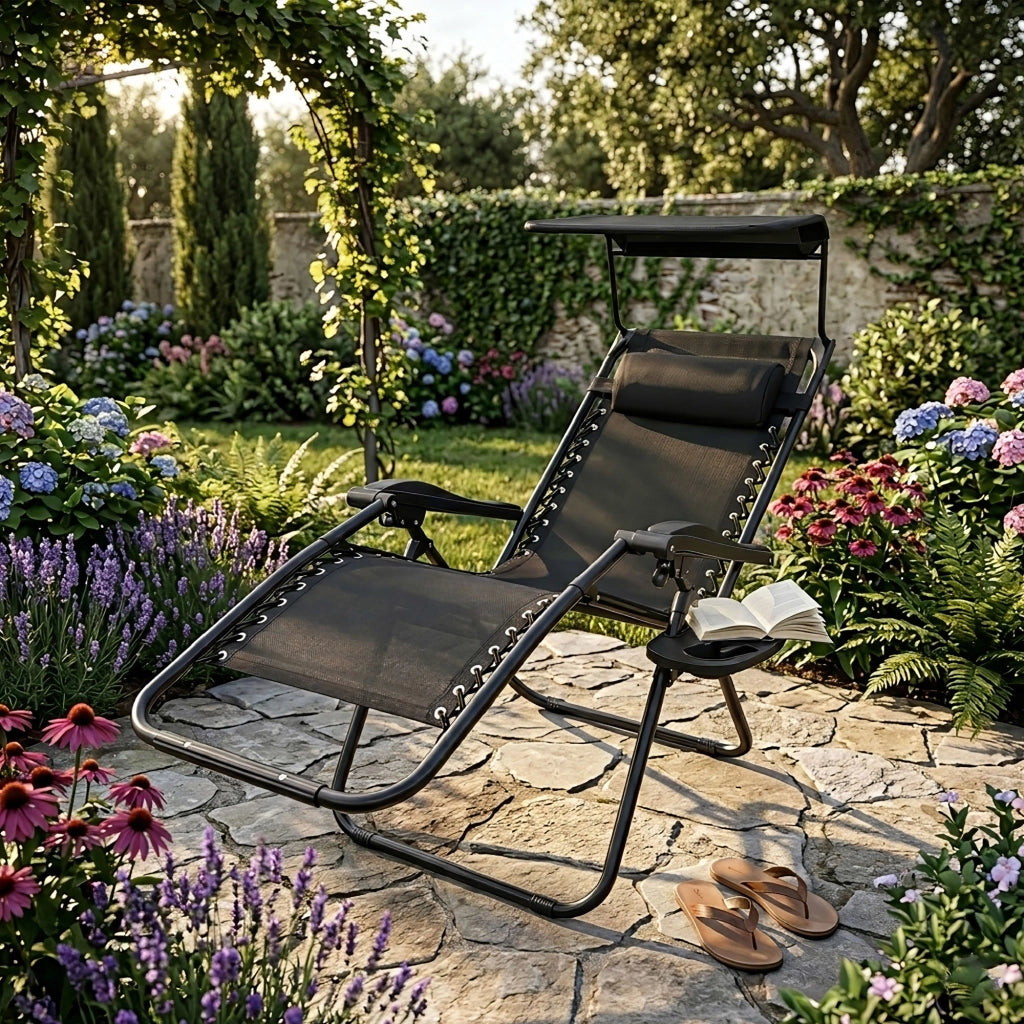 Sedia Sdraio 0 Gravità Pieghevole Professionale con Tettuccio Parasole e Poggiapiedi in Acciaio e Textilene – Reclinabile con Cuscino e Porta Bevande, Ideale per Giardino, Piscina e Campeggio Nero