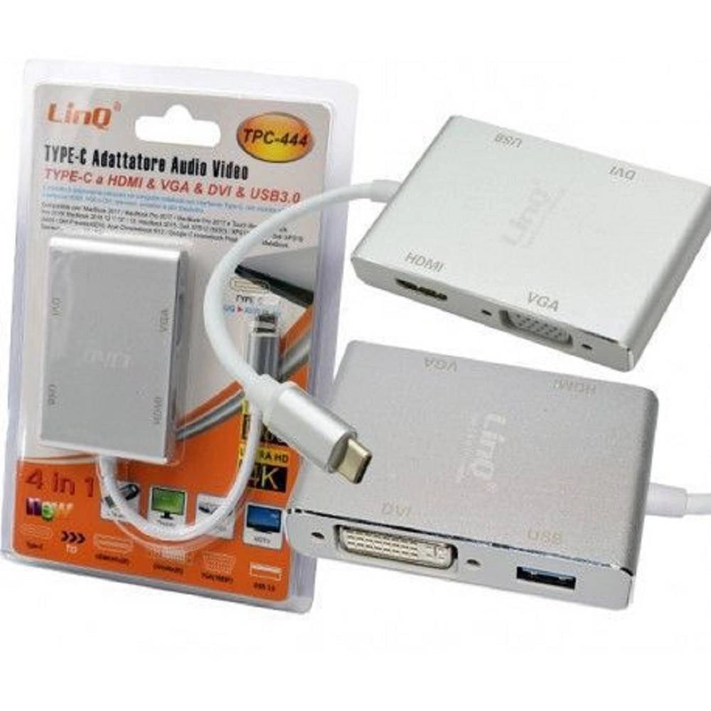Trade Shop - Adattatore Convertitore Audio Video 4in1 Da Type-c A Vga Hdmi Dvi Usb3.0 Tpc-444 -
