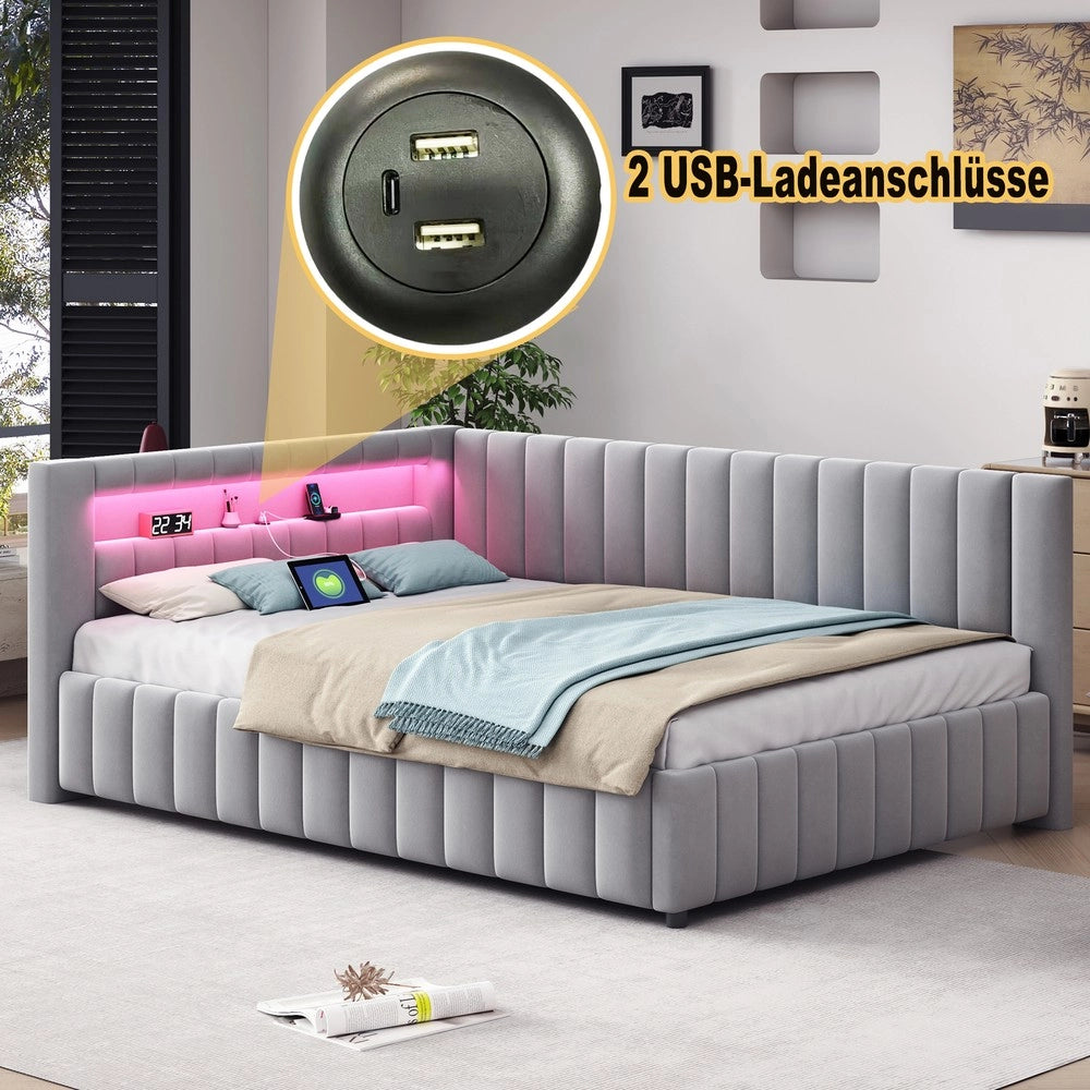Letto Imbottito 140x200 con LED e USB ¨C Xylo ¨C Velluto Grigio, Testiera, Struttura