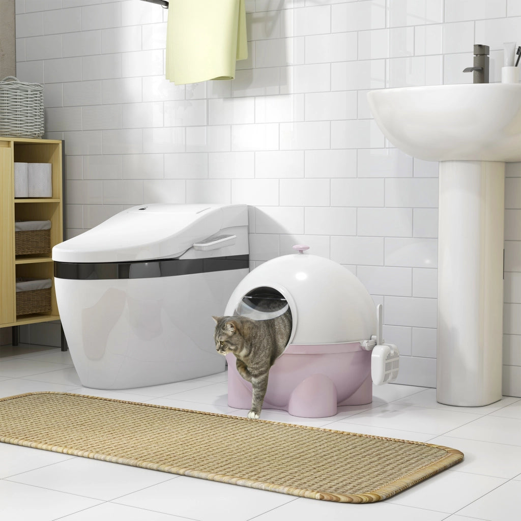 Lettiera per Gatti 4kg Max con Coperchio e Paletta Inclusa, 53x51x48 cm, Bianca e Rosa