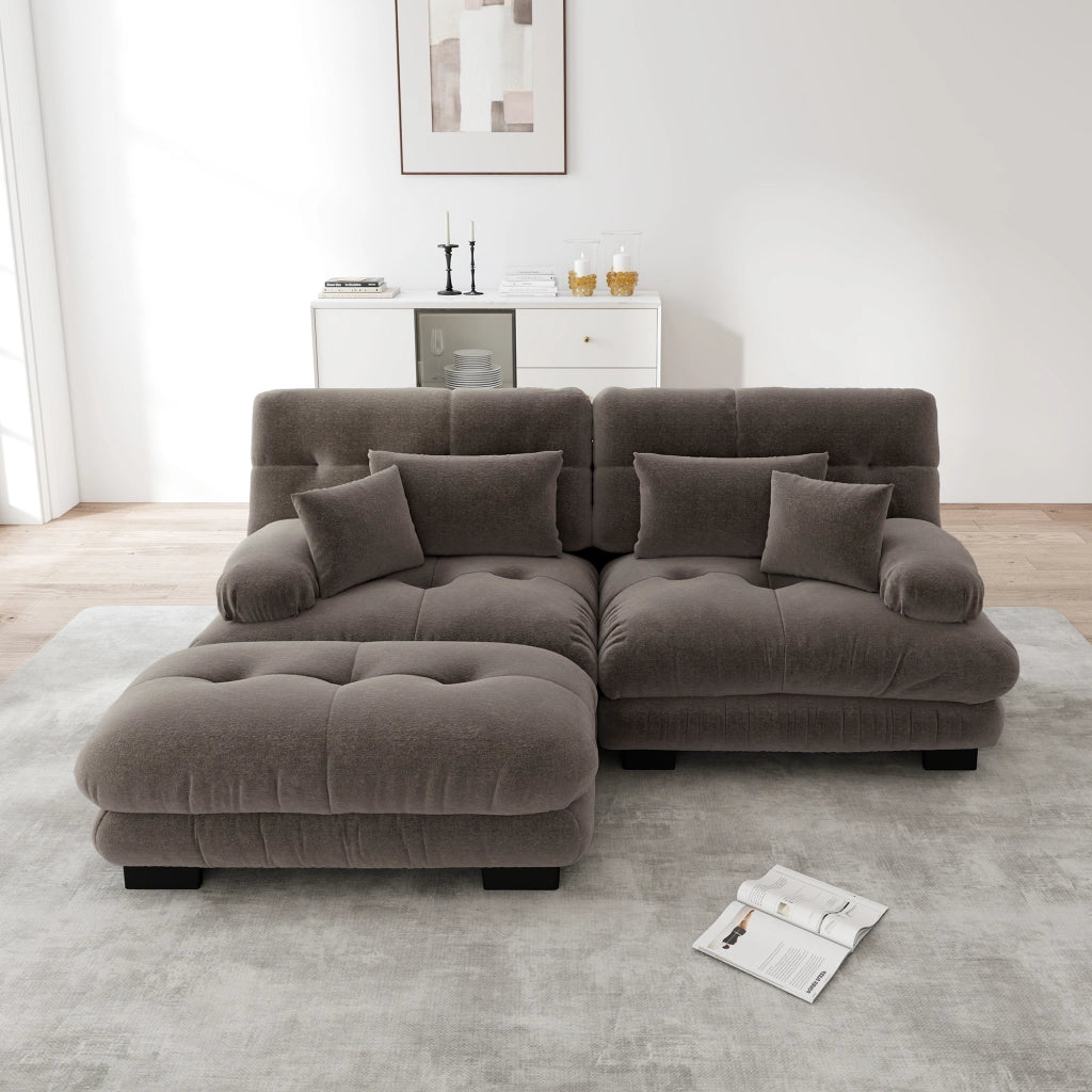 Divano Angolare Chenille con Ottoman ¨C Xylo ¨C Marrone, Braccioli Larghi, Cuscini