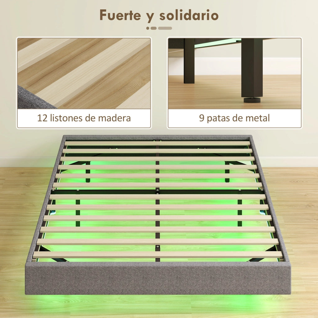Letto Imbottito con Luci LED e Struttura in Legno ¨C Zephmum ¨C Grigio 140x190 cm