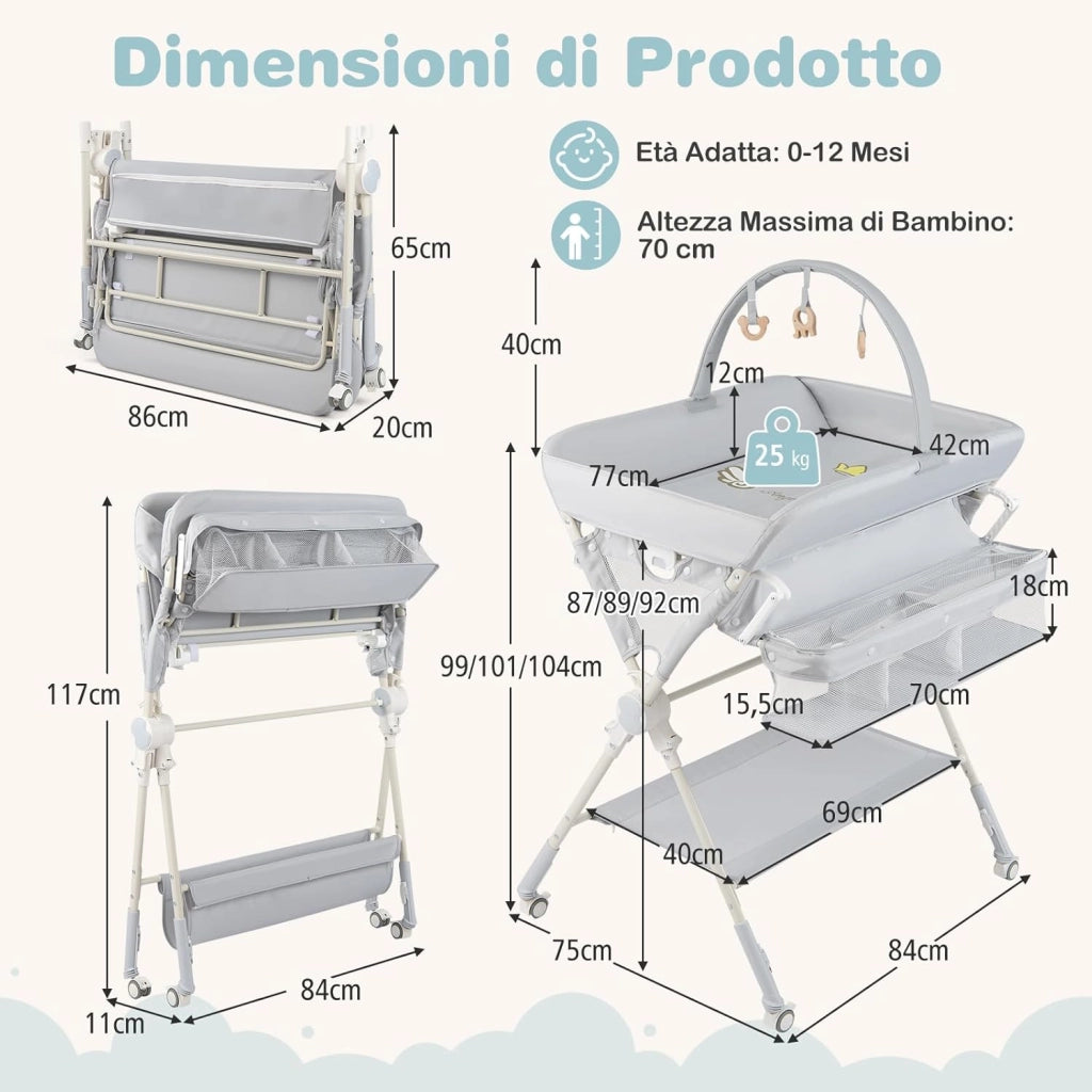 Fasciatoio Pieghevole per Bambini, Fasciatoio Portatile con Ruote, Altezza Regolabile, Piattaforma Rimovibile, con Barra Giocattoli, Stendino, Misuratore, Cestini, Portata 25 kg
