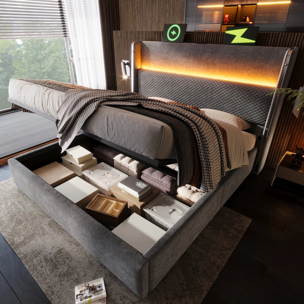 Letto contenitore 140 × 200 cm con testiera alta, LED, USB e Type-C, materasso incluso, grigio