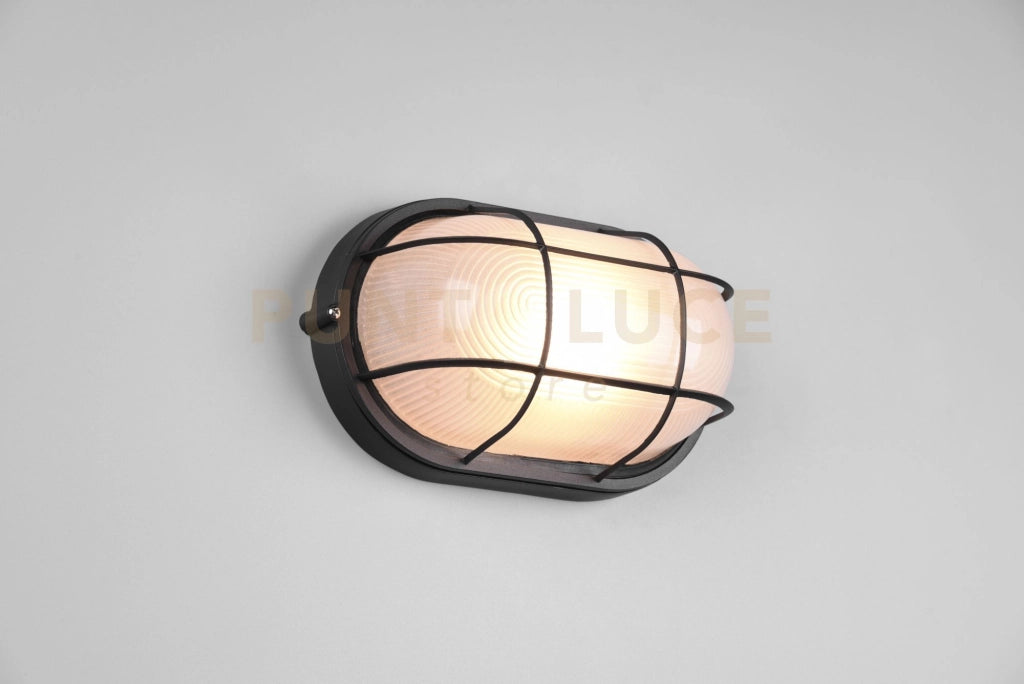 ALGI PLAFONIERA APPLIQUE DA ESTERNO OVALE FUSIONE DI ALLUMINIO NERA CON GRIGLIA E VETRO SATINATO L.28,3CM IP44 1 LUCE ATTACCO E27