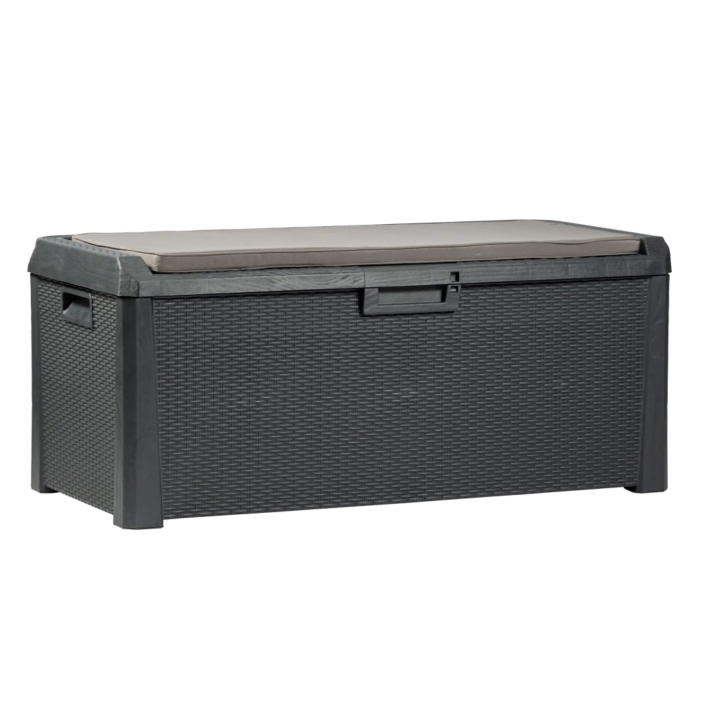 Baule multiuso da esterno Santorini Plus 560 litri in resina effetto rattan colore antracite con cuscino Toomax