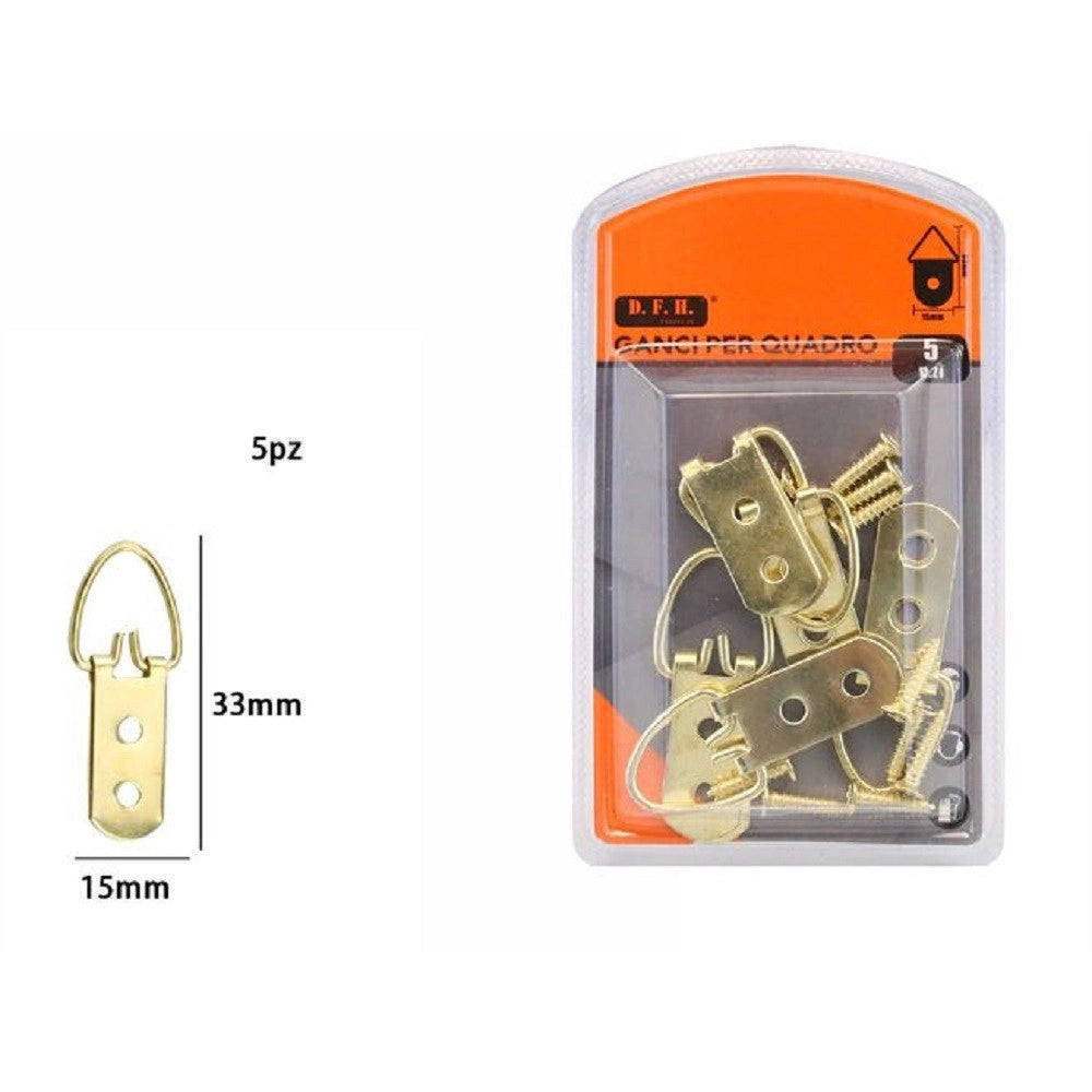 Trade Shop - Set 5 Pz Ganci Gancetti Dorati Per Quadri Cornici Appendere Parete 33x15mm 07514 -