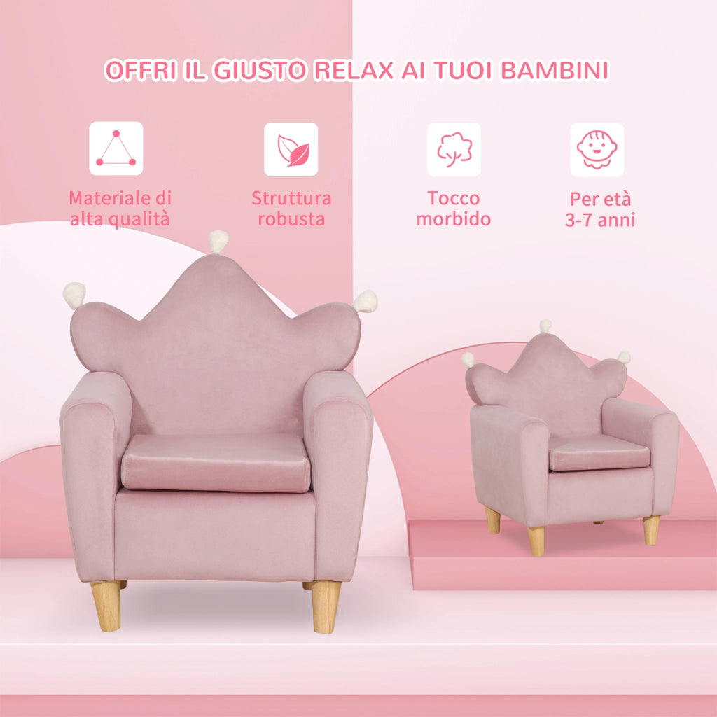 Poltrona per Bambini in Velluto Rosa con Schienale a Corona ¨C Minimal ¨C 50.2x41.9x57.8 cm
