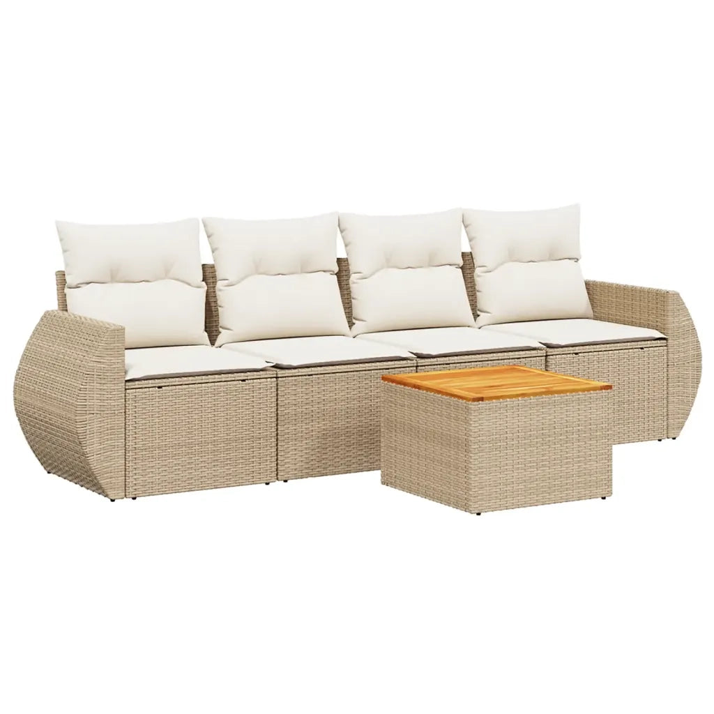 Set Divano da Giardino 5 pz con Cuscini Beige in Polyrattan