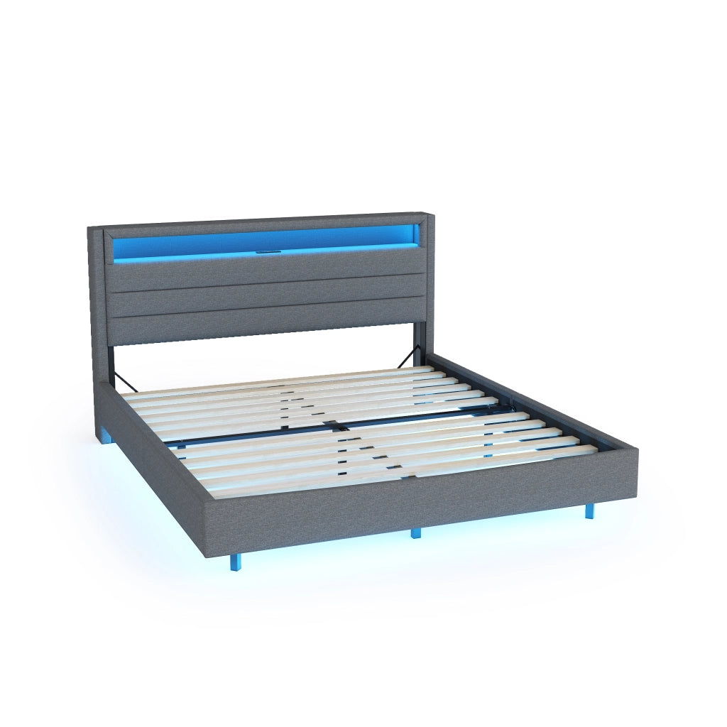 Letto Imbottito Matrimoniale con LED e USB ¨C MINIMAL ¨C Tessuto Grigio 160x200