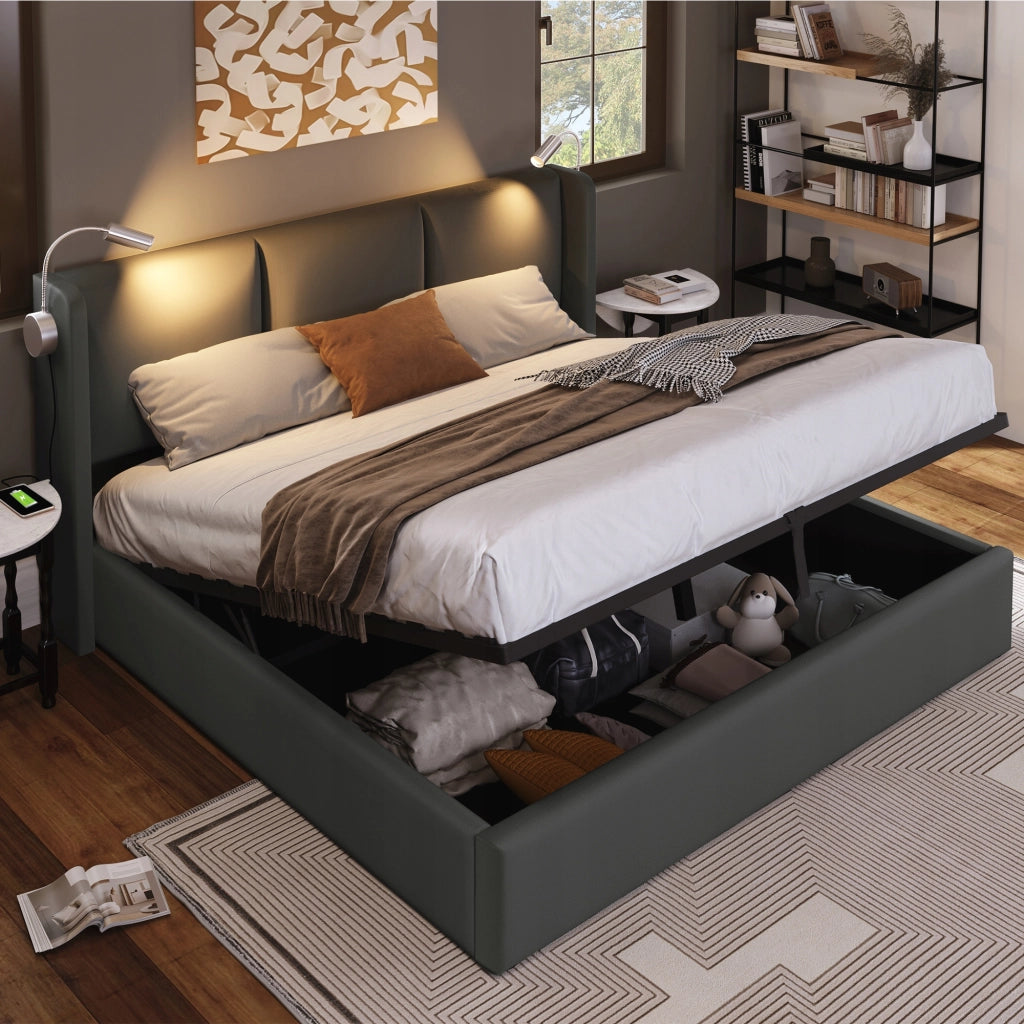 Letto imbottito 160x200 grigio con illuminazione - Xylo