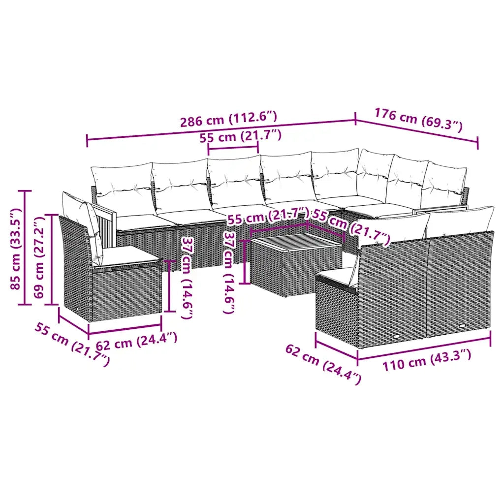 Set Divani da Giardino 11 pz con Cuscini in Polyrattan Nero 3260159