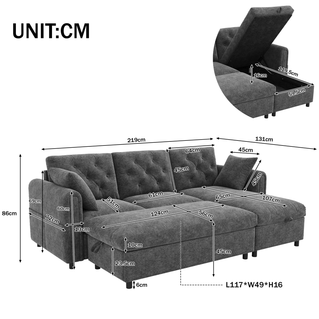 DIVANO con Chaise Longue e Pouf Contenitore 219x131x86 cm Velluto Grigio