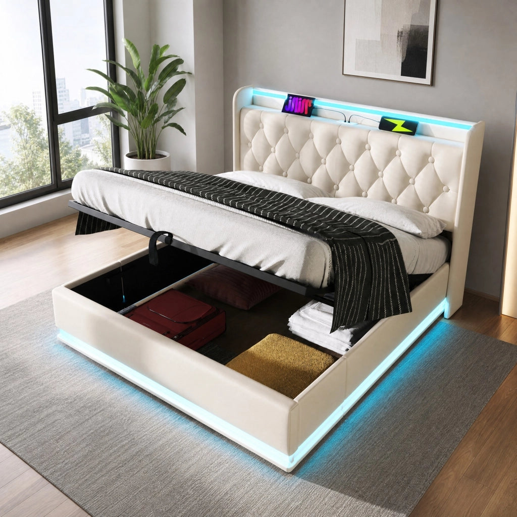 Letto matrimoniale contenitore 180x200 cm con LED; USB e Type-C; testiera imbottita in PU bianco