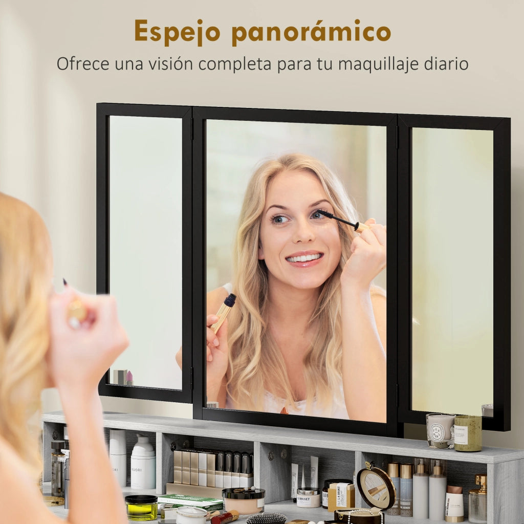 Cassettiera per Trucco con Specchio e Sgabello ¨C Minimal ¨C Grigio Tessuto 3 Cassetti