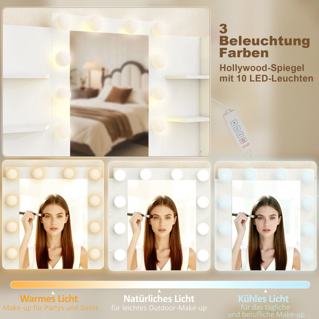 Scrivania Trucco con Specchio Illuminato e Sgabello Imbottito ¨C Minimal ¨C Bianco 6 Cassetti