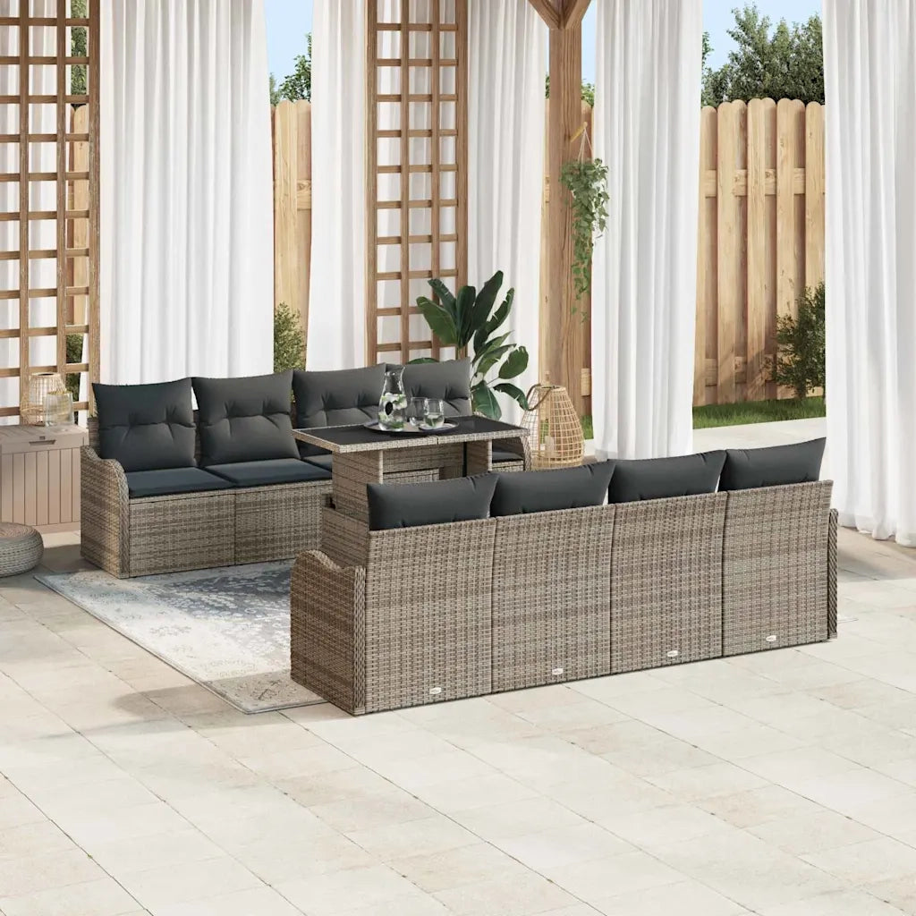 Set Divano da Giardino con cuscino 9 pcs Grigio Poly Rattan