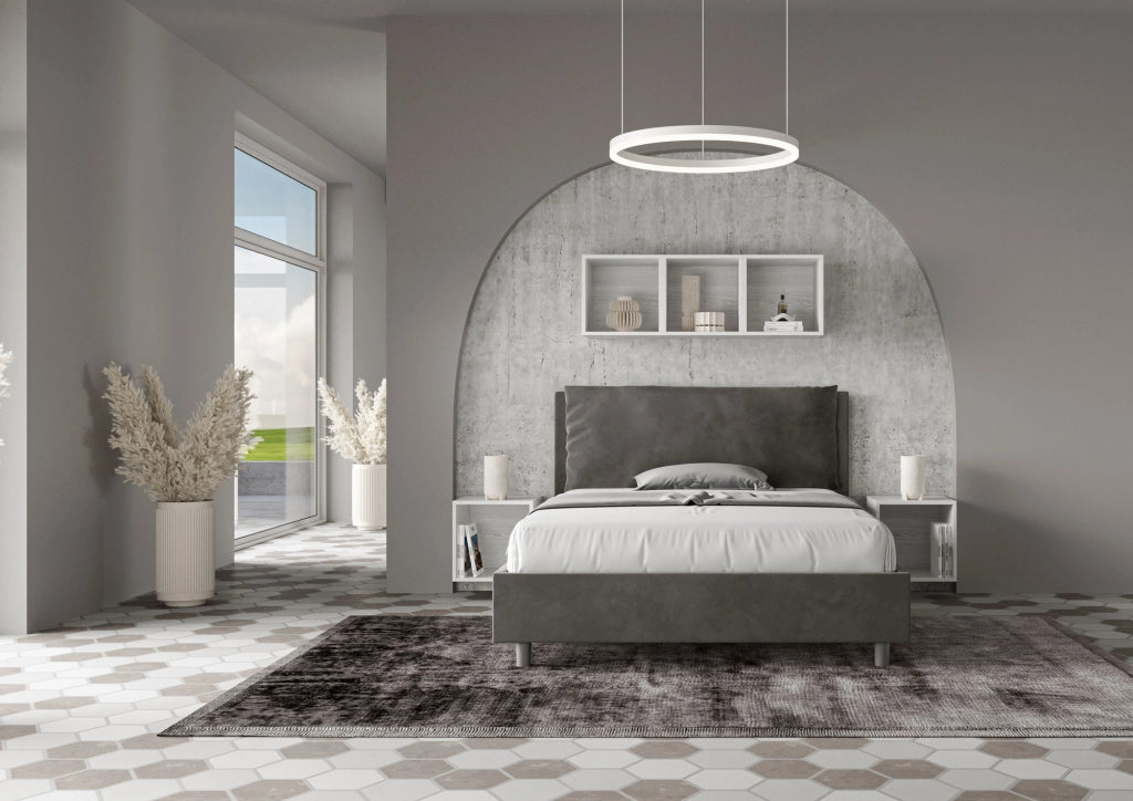 BS COM Letto matrimoniale francese senza rete imbottito 140x190 microfibra grigio Large