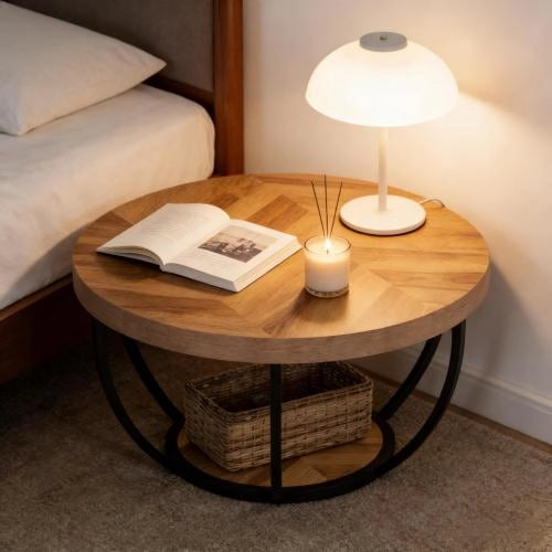 TAVOLINO ROUNDO A DUE RIPIANI IN LEGNO E METALLO, COLORE LEGNO