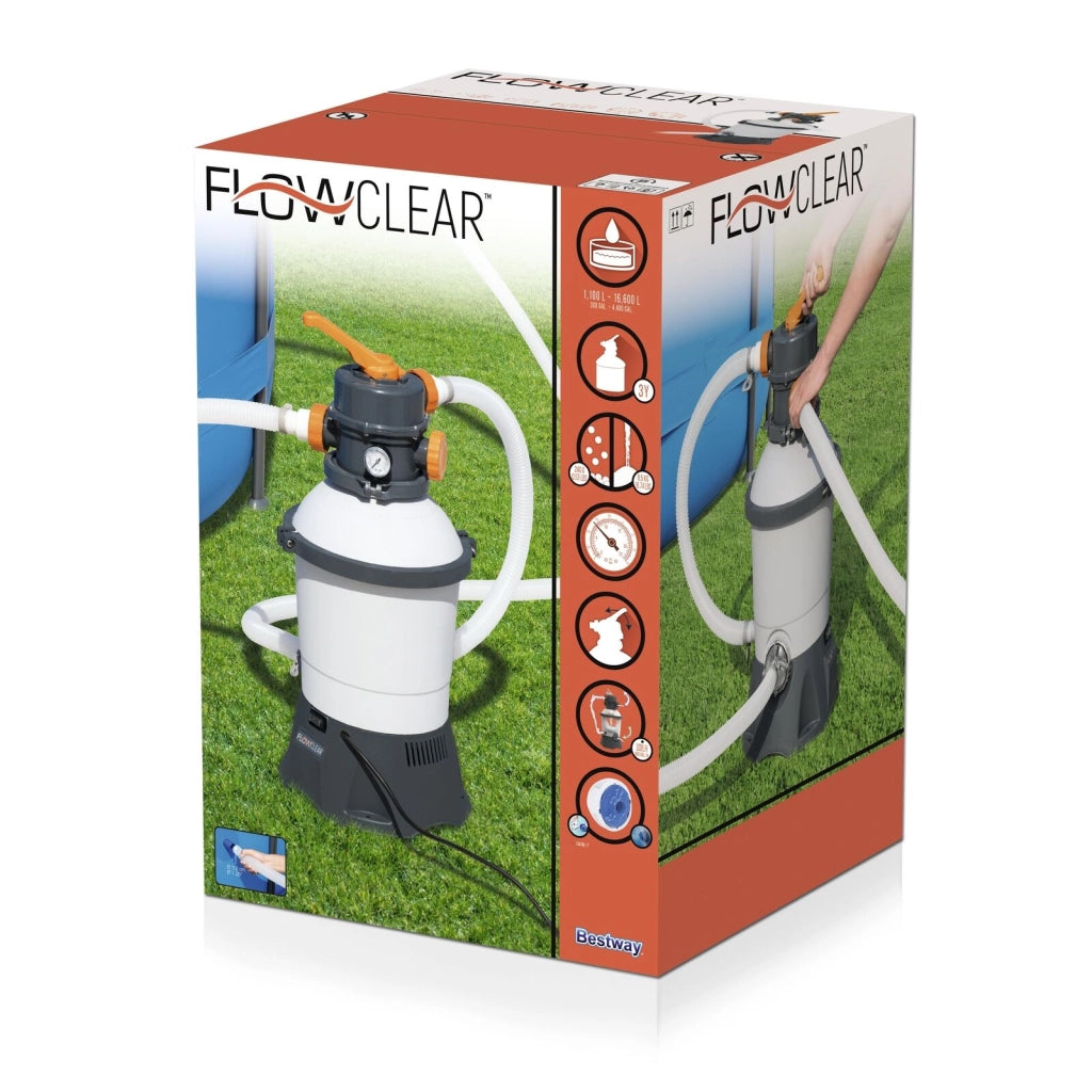 Bestway MQ01ABF050 Pompa filtro a sabbia 3028 L-h 220-240V 85W per piscine da 1100 a 18100 litri con valvola 6 posizioni timer e dosatore ChemConnect colore Nero
