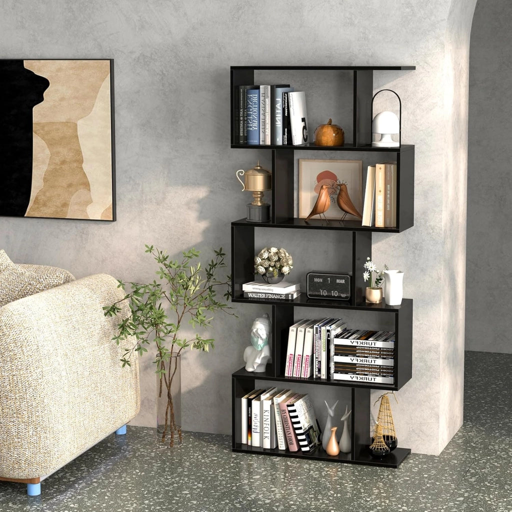 Scaffale a 5 Ripiani in Legno, Libreria Geometrica a Forma di S con Dispositivo Antiribaltamento, per Soggiorno Ufficio Camera da Letto, 70 x 23,5 x 158 cm (nero)