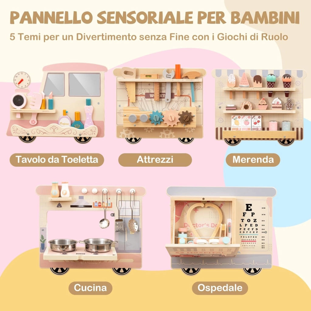 5 in 1 Pannello Sensoriale in Legno per Bambini, Busy Board con Vanity, Cassetta degli Attrezzi, Cucina Giocattolo, Kit del Dottore e Bar, Giocattolo Montessori per Sala Giochi e Asilo
