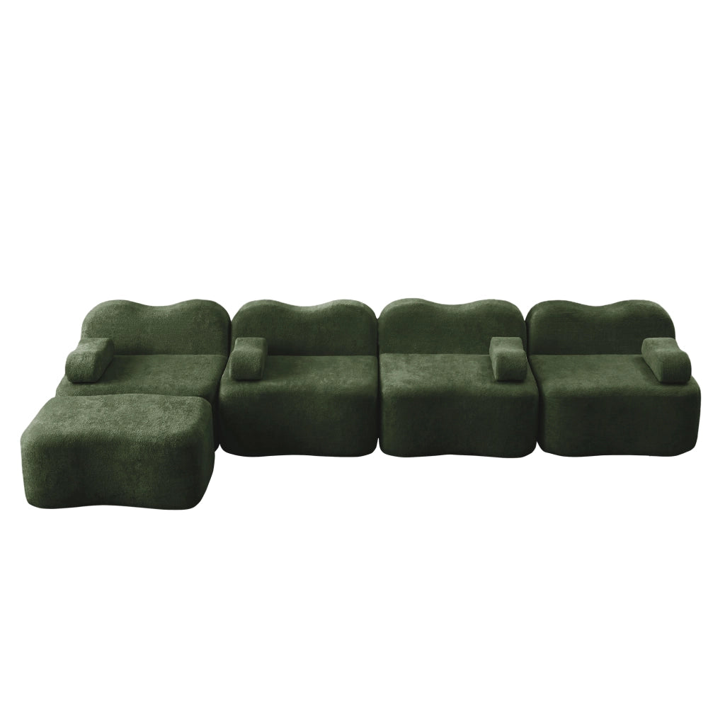 Divano Angolare Modulare 4 Posti con Ottoman ¨C MINIMAL ¨C Tessuto Verde, Cuscini Morbidi