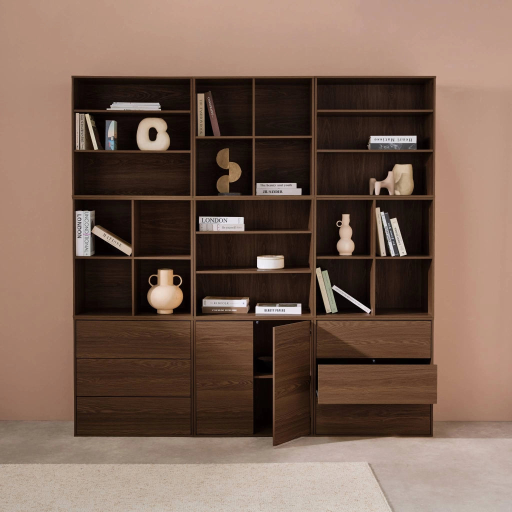 Libreria modulare decorativa in legno con 9 elementi, noce