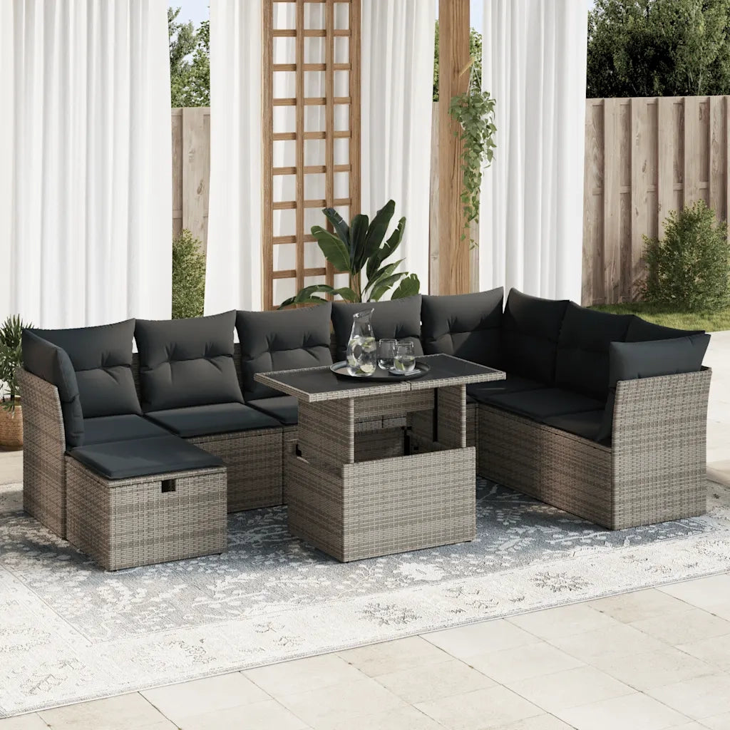 Set Divano da Giardino 9 pz con Cuscini Grigio in Polyrattan 3327800