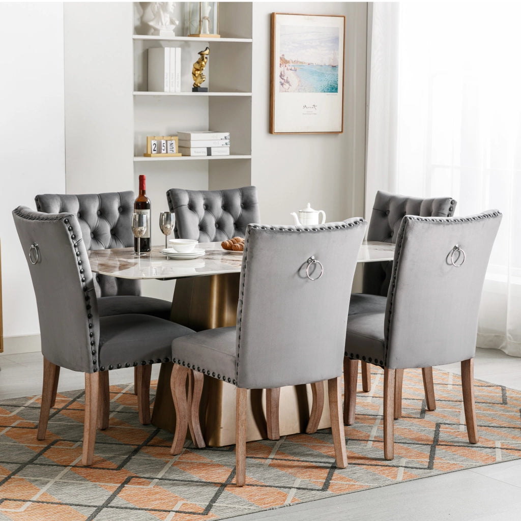 Sedie da Pranzo Imbottite in Velluto ¨C MINIMAL ¨C Set 6 Pezzi, Gambe Massello, Grigio