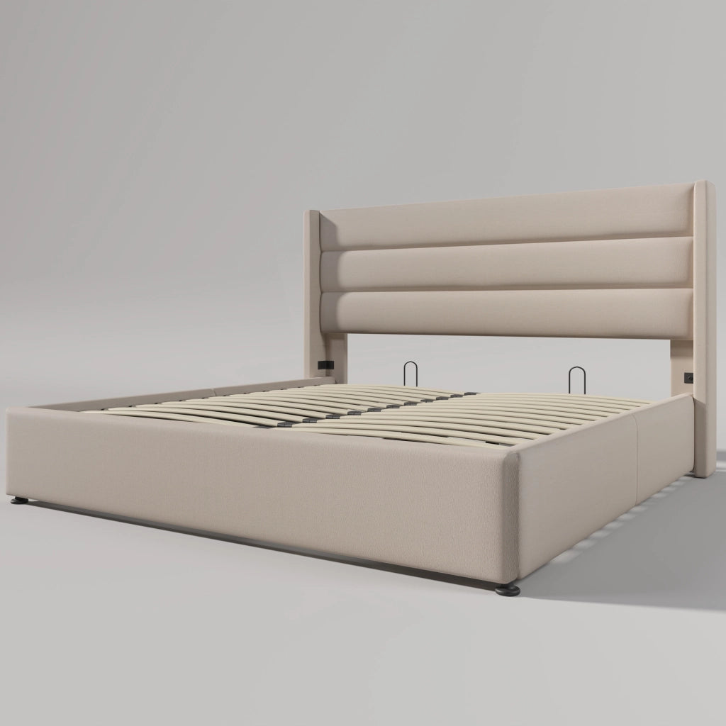 Letto imbottito con idraulica 160x200 beige (con materasso) - Xylo